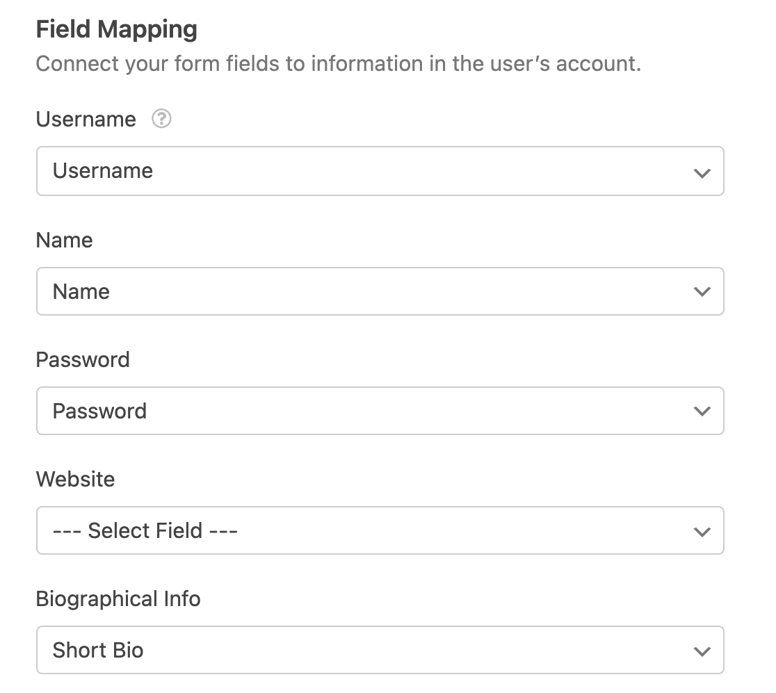 The User Registration field mapping settings