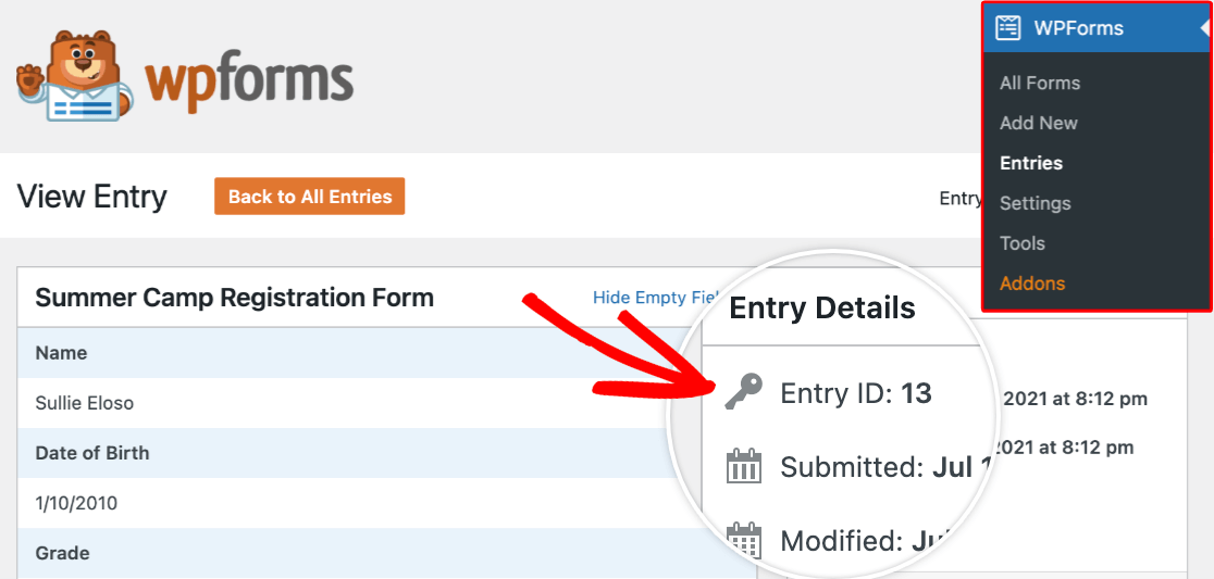 Viewing an entry ID