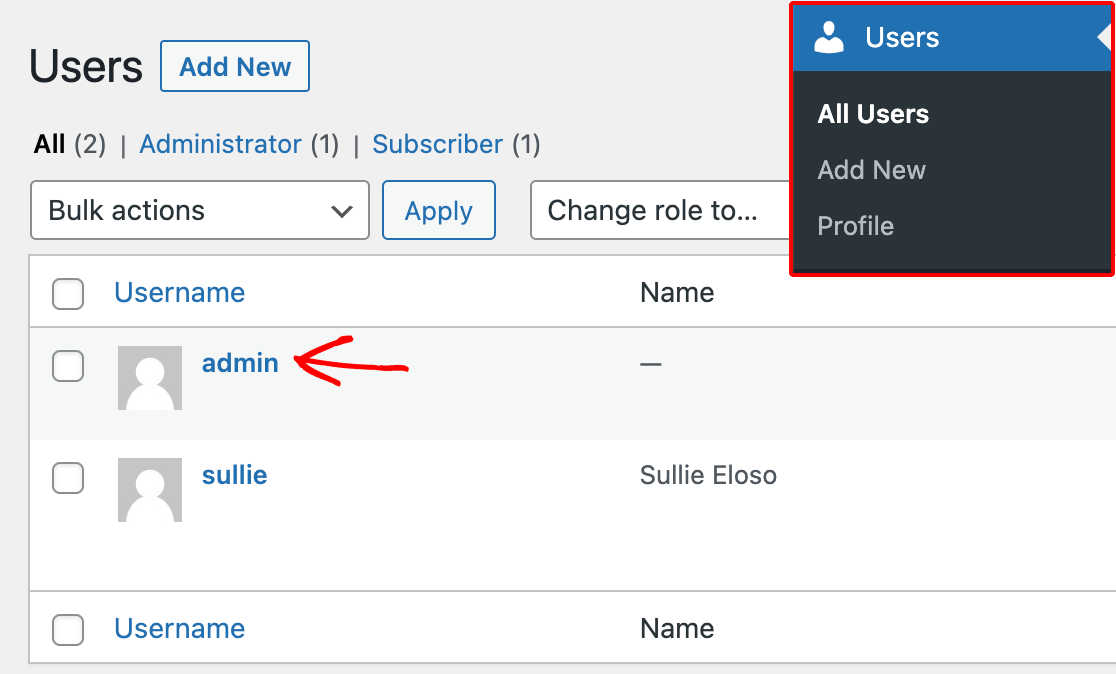 Opening a user profile to view the default user meta data