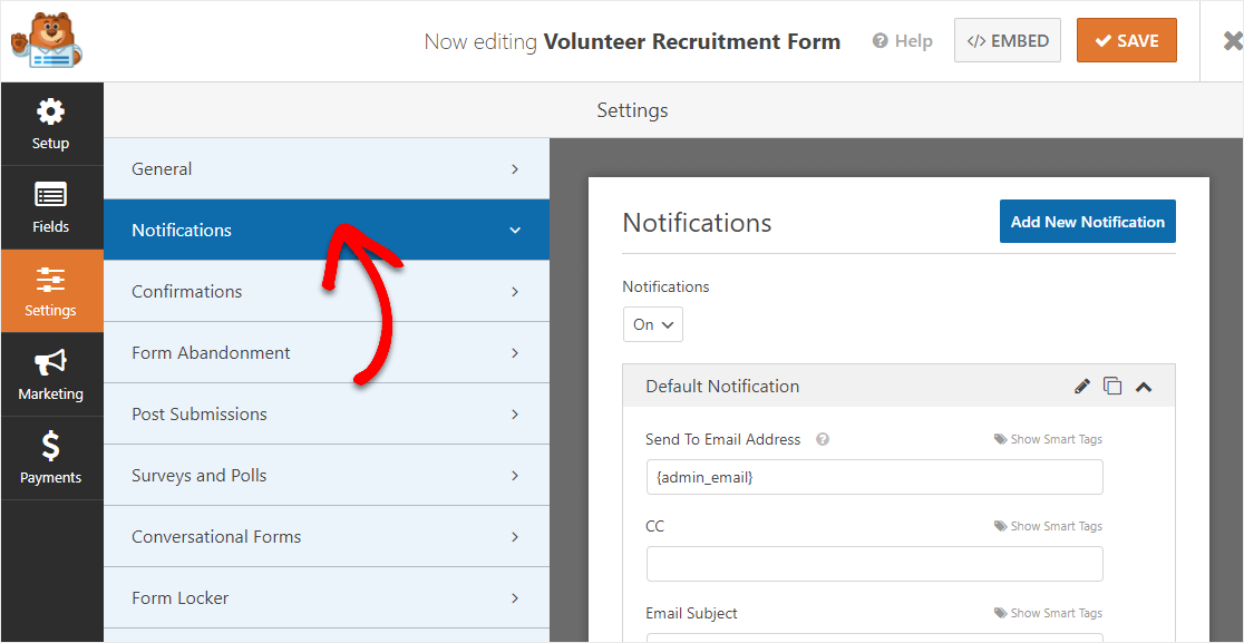 volunteer form notifications settings