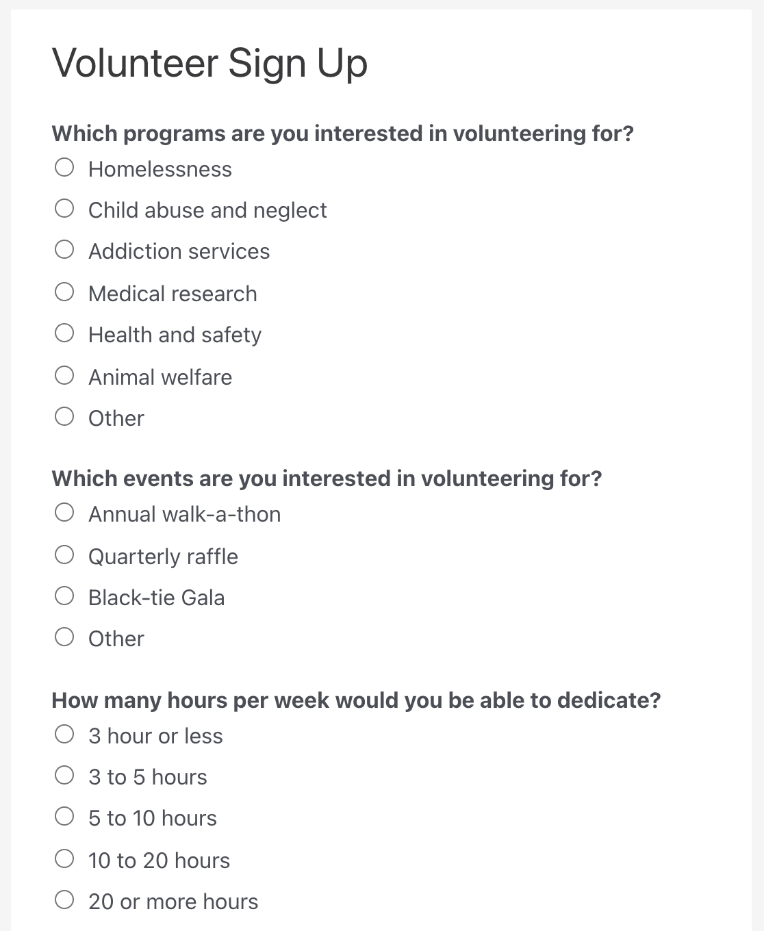 A volunteer sign up form