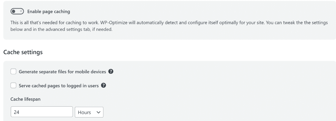 WP Optimize cache settings