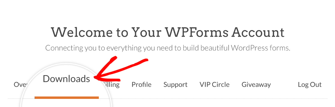 Arrow highlighting WPForms downloads tab