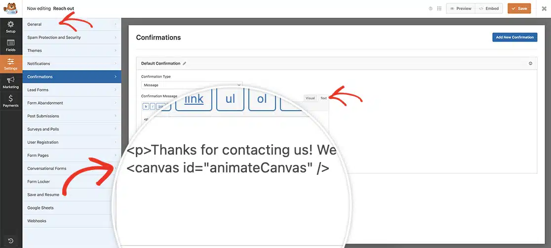wpforms-confeti-confirmation-message - WPForms desde la pestaña Texto del cuadro de Mensaje de confirmación, coloca tu HTML sin procesar allí