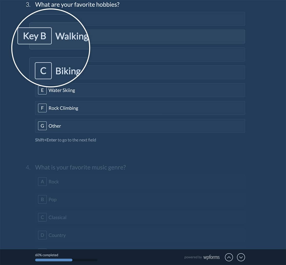 By default, the checkbox and multiple choice fields will show Key and then a letter for each option on your conversational form