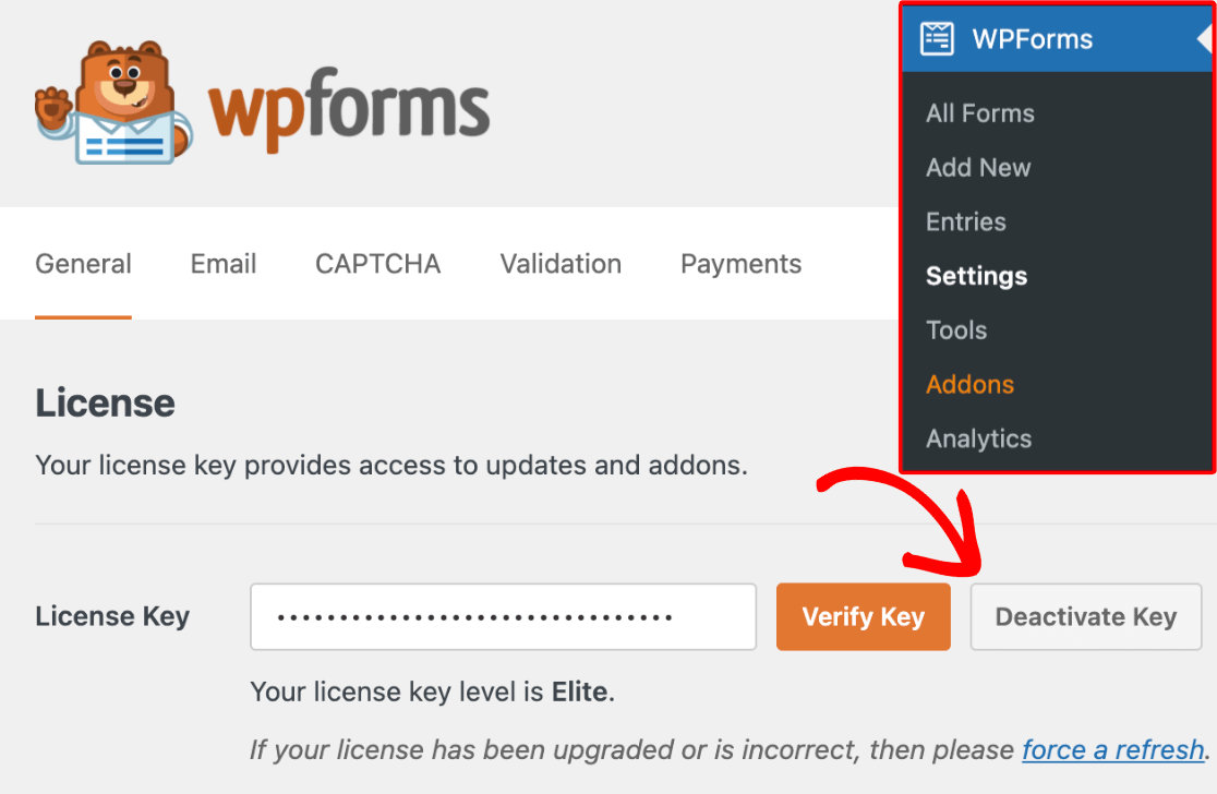 Deactivating a WPForms license key from the WordPress admin area