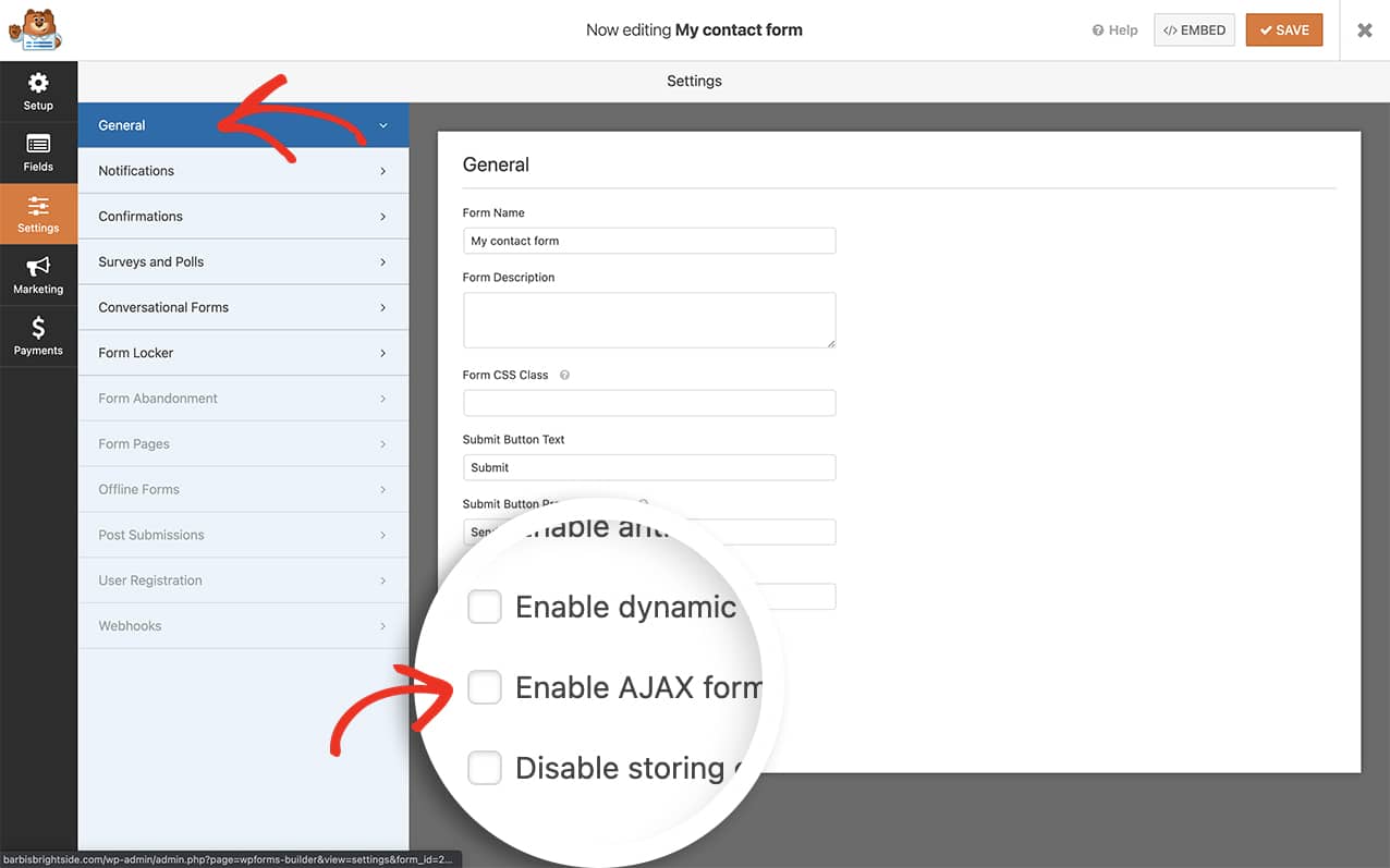 Enable or Disable AJAX on the General tab of the form builder's Settings screen