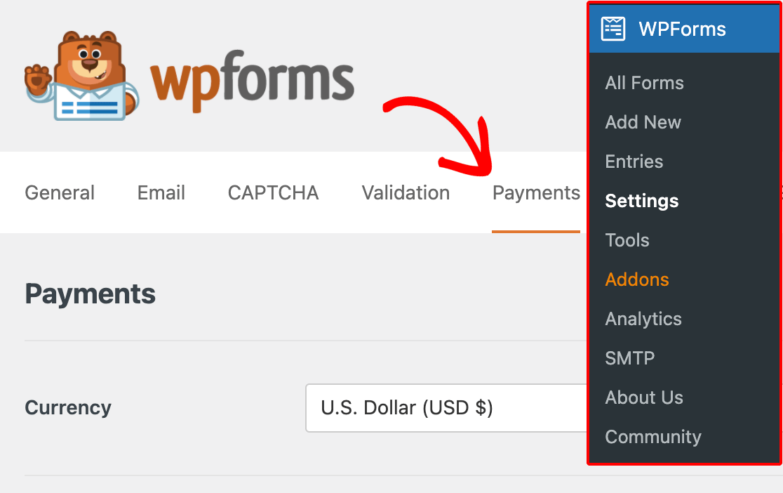 Accessing the payments settings in WPForms