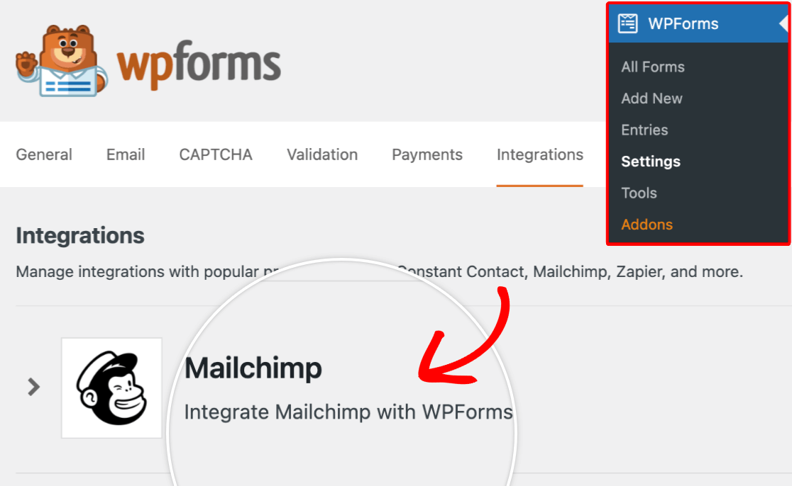Opening the Mailchimp integrations settings in WPForms