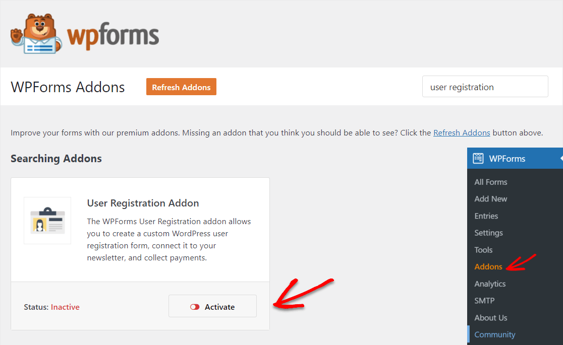 wpforms user registration addon activate to add to any wordpress page