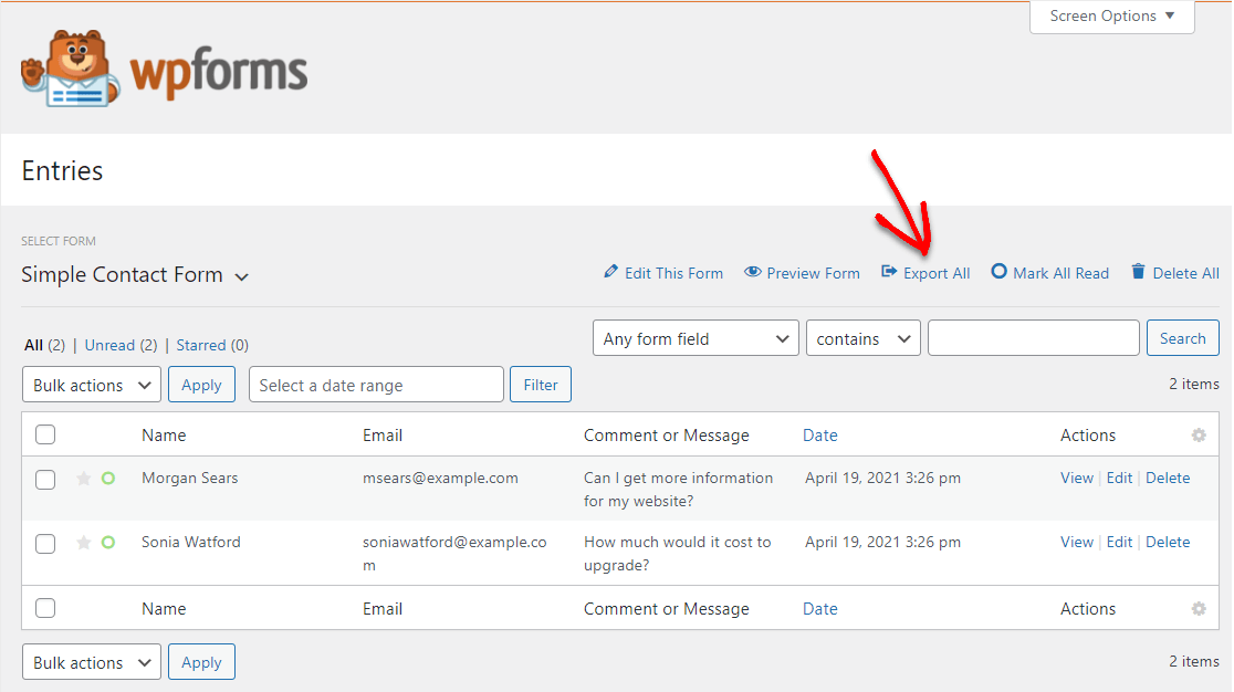 export all wordpress form entries