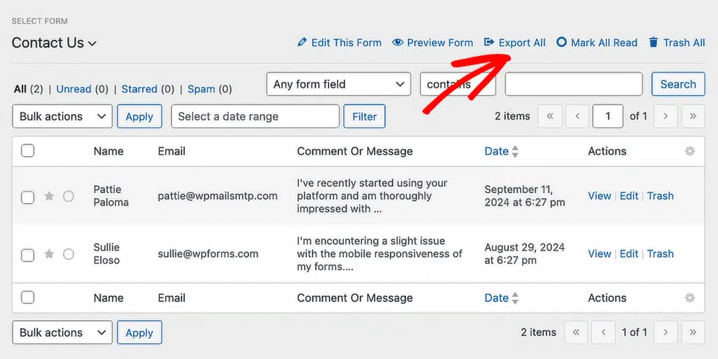 export entries wpforms