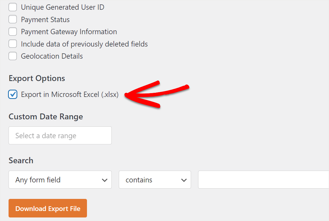 export excel form from wordpress