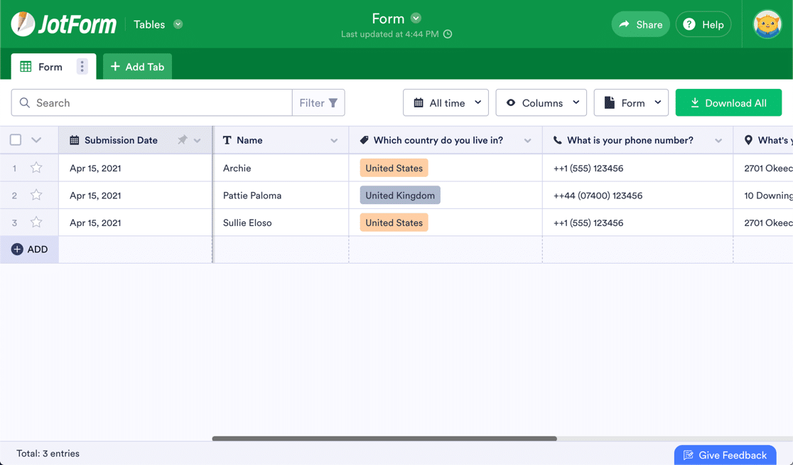 JotForm entry storage