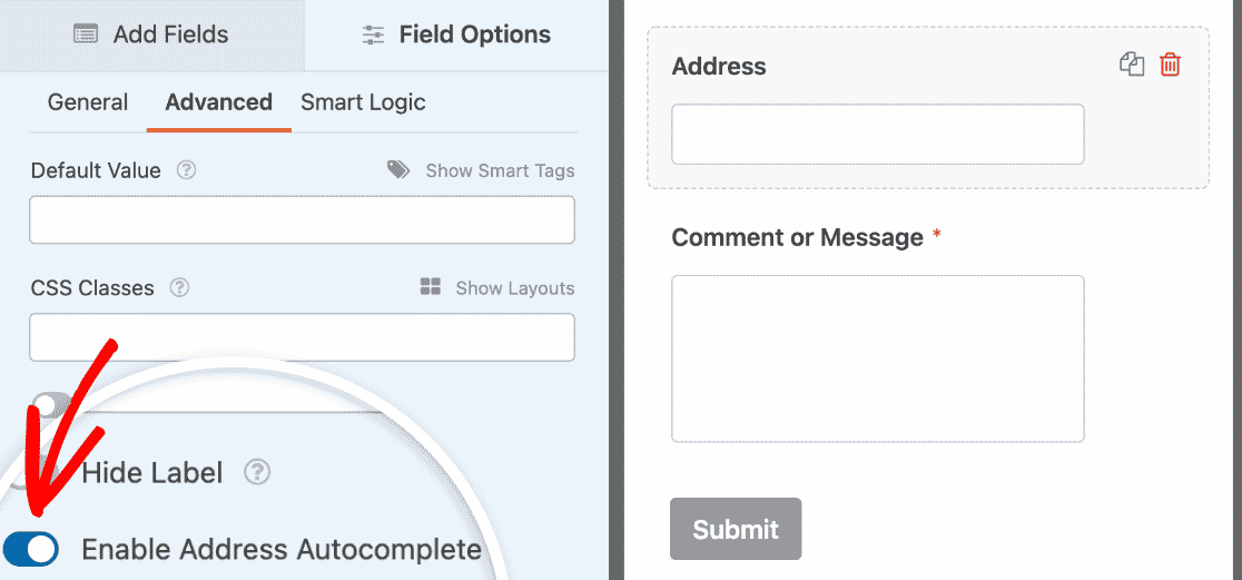 Enabling address autocomplete for a Single Line Text field