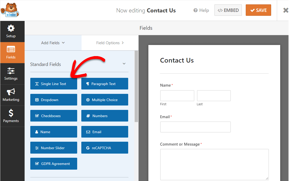 single line text for contact form with map