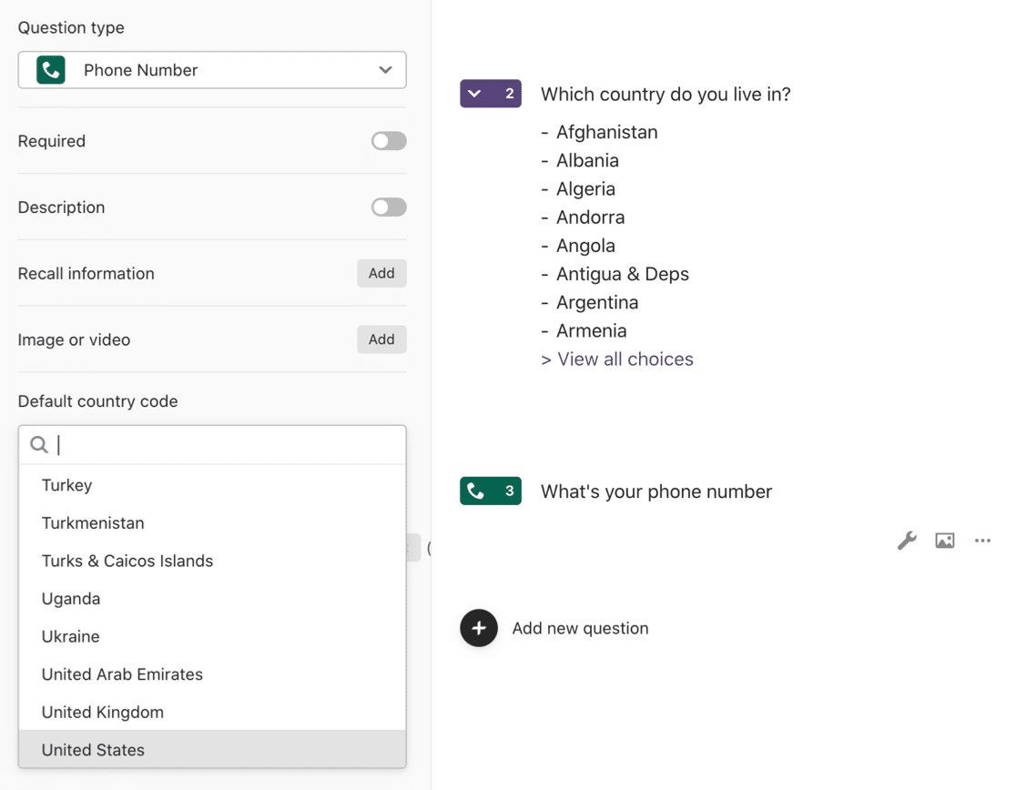 Phone number field in Typeform