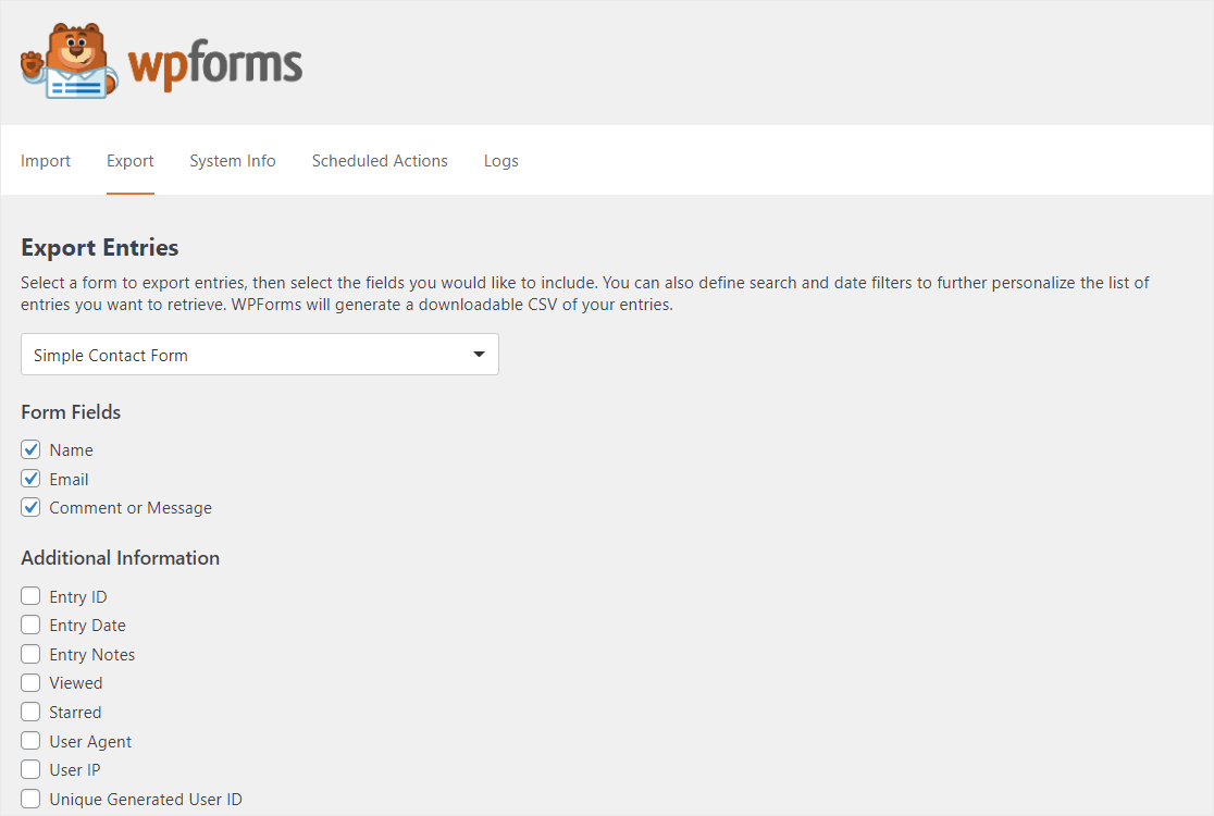 wordpress form entries to excel
