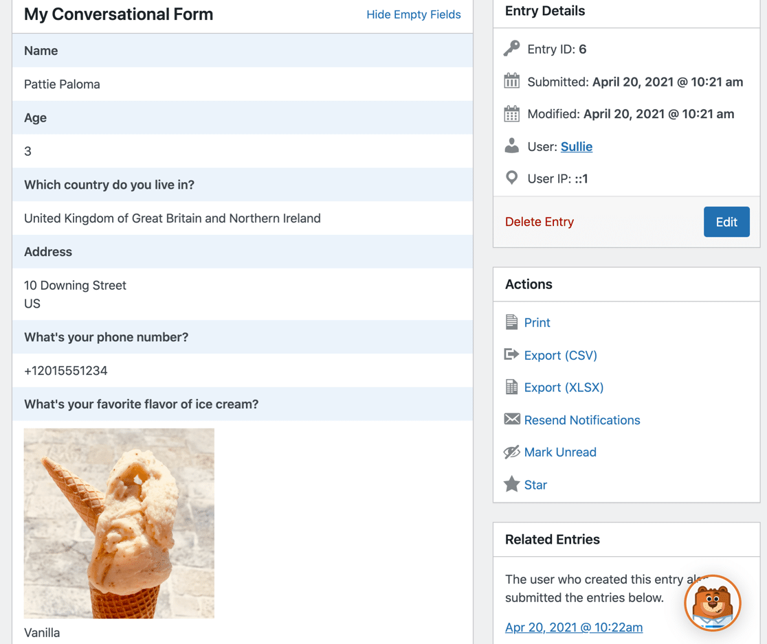 Individual form entry in WPForms