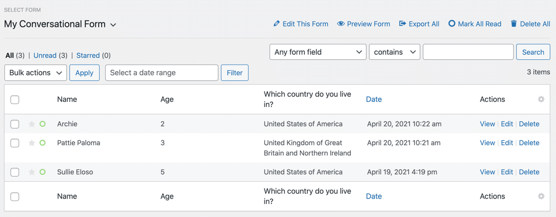 List of form entries in WPForms