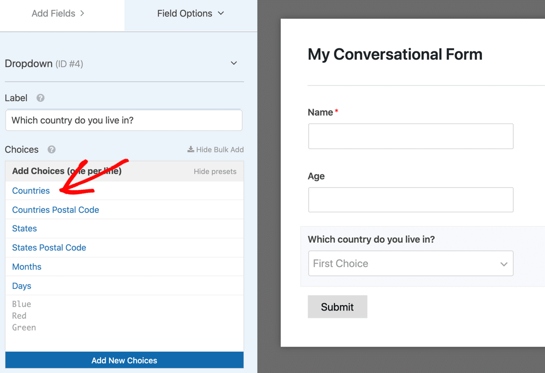 WPForms adding country dropdown with preset list