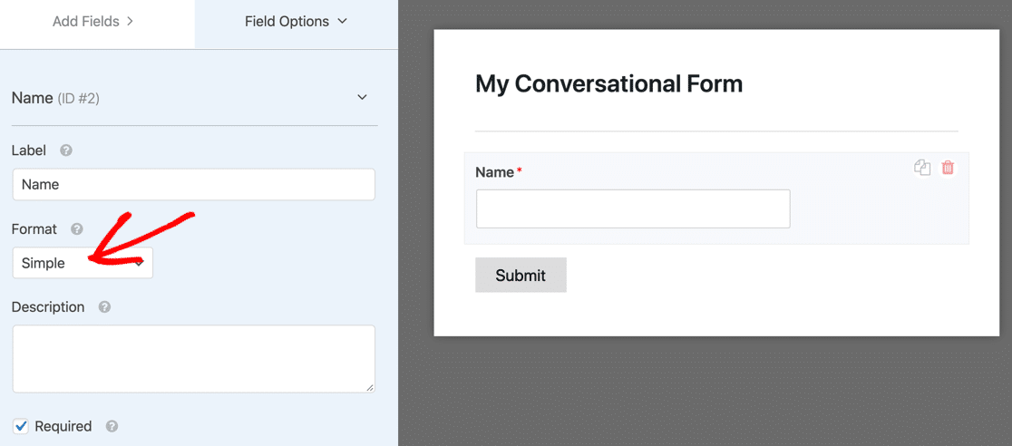 WPForms simple conversational form field for name