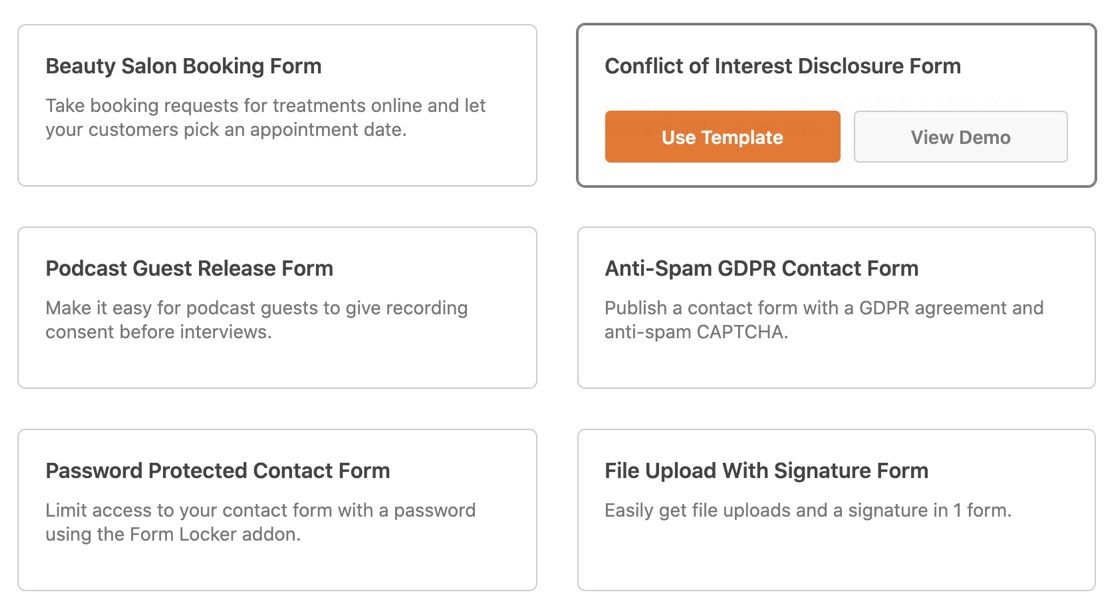 Select WPForms template