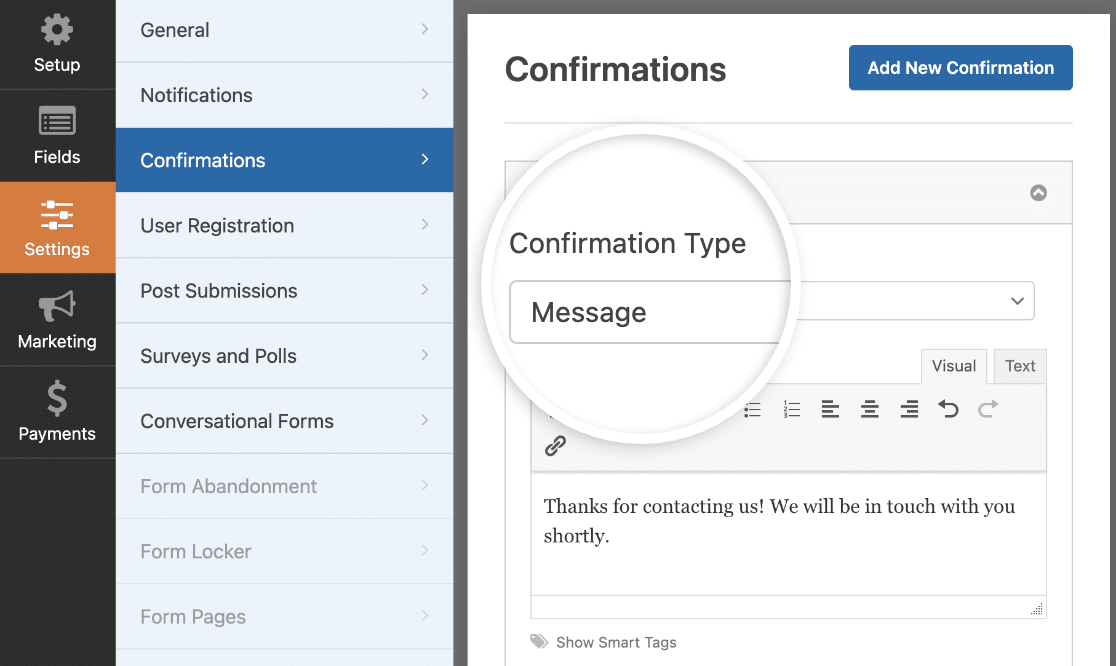 Selecting a confirmation type of Message