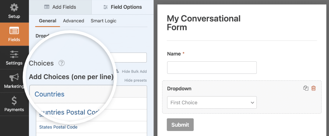 Adding countries preset options to a Dropdown field