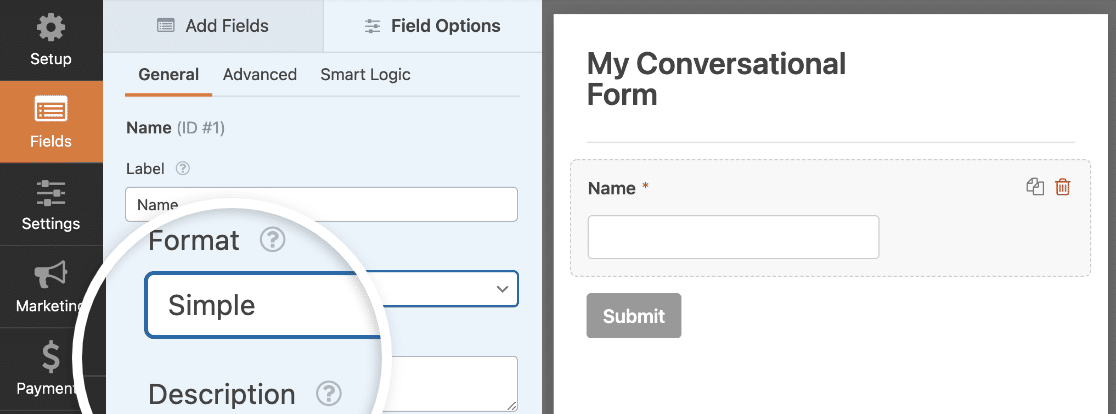 Editing the Name field in a conversational form