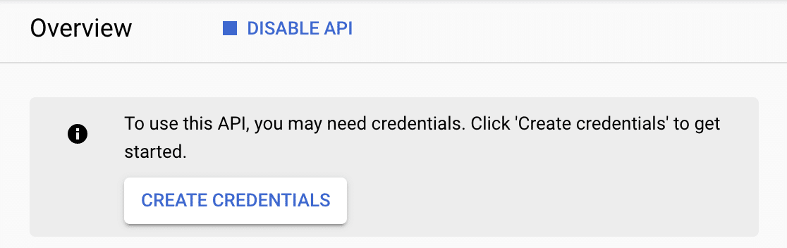 The Gmail API Overview page and Create Credentials notice