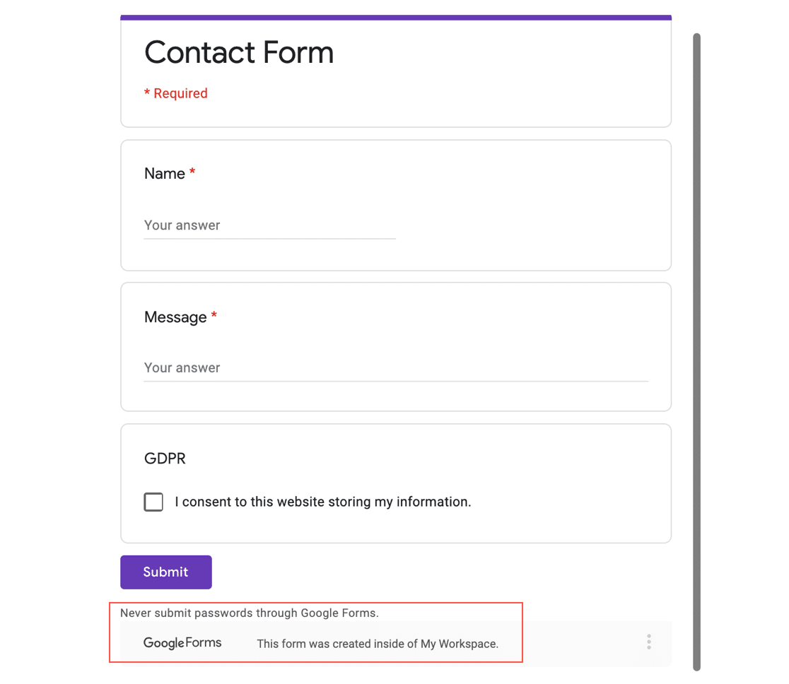 Google Forms embedded in WordPress