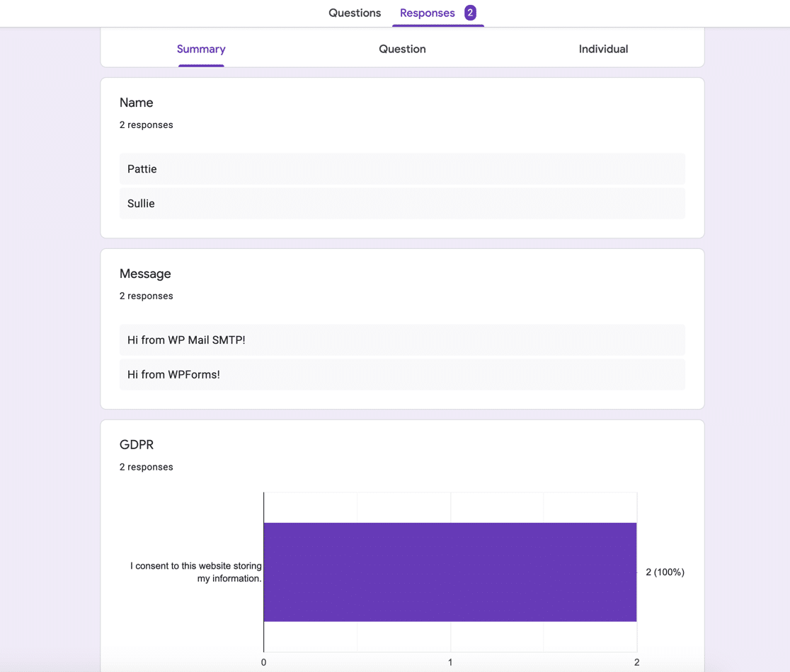 Google Forms entries summary