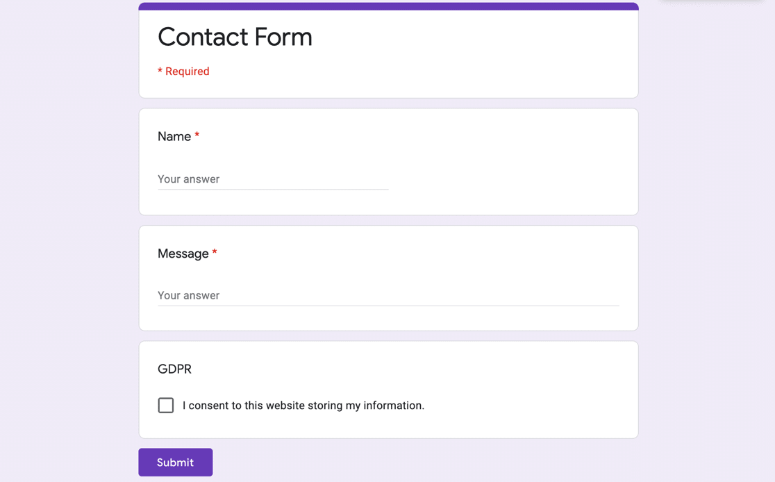 Google Forms finished form