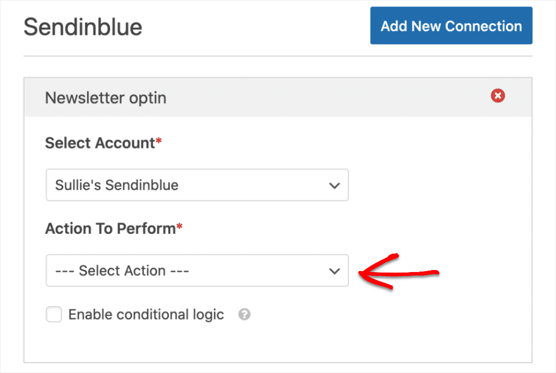 select action to perform on wpforms sendinblue in wordpress