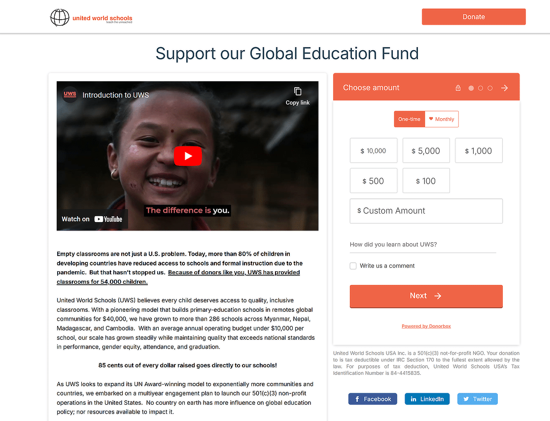 united world schools donation page