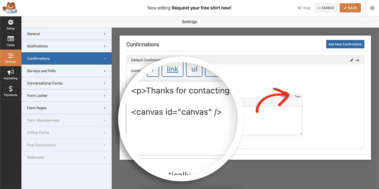 create your form and add your canvas element to the Text tab of the Confirmation message