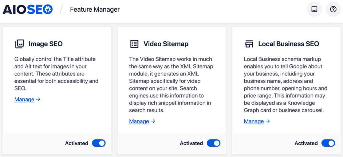 AIOSEO feature manager