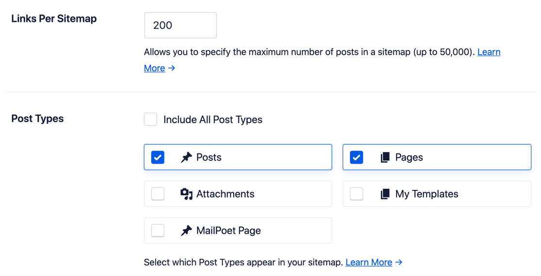 AIOSEO sitemap settings