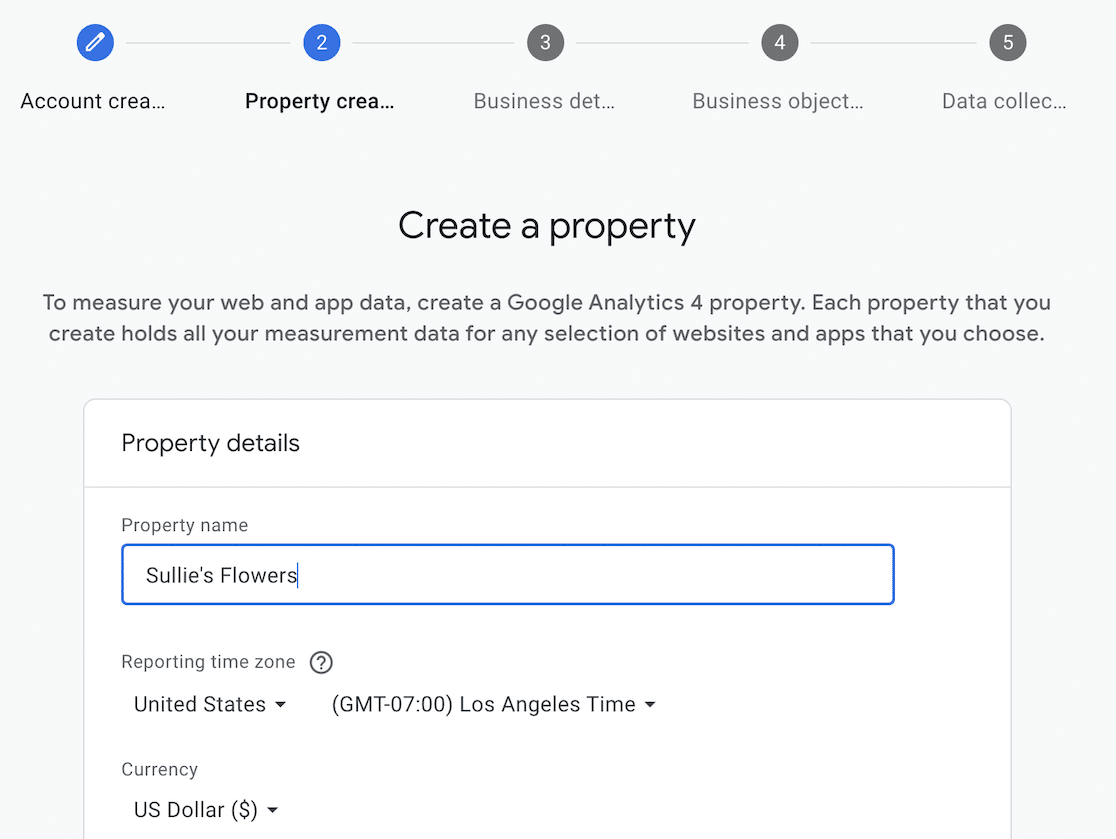 Google Analytics create property