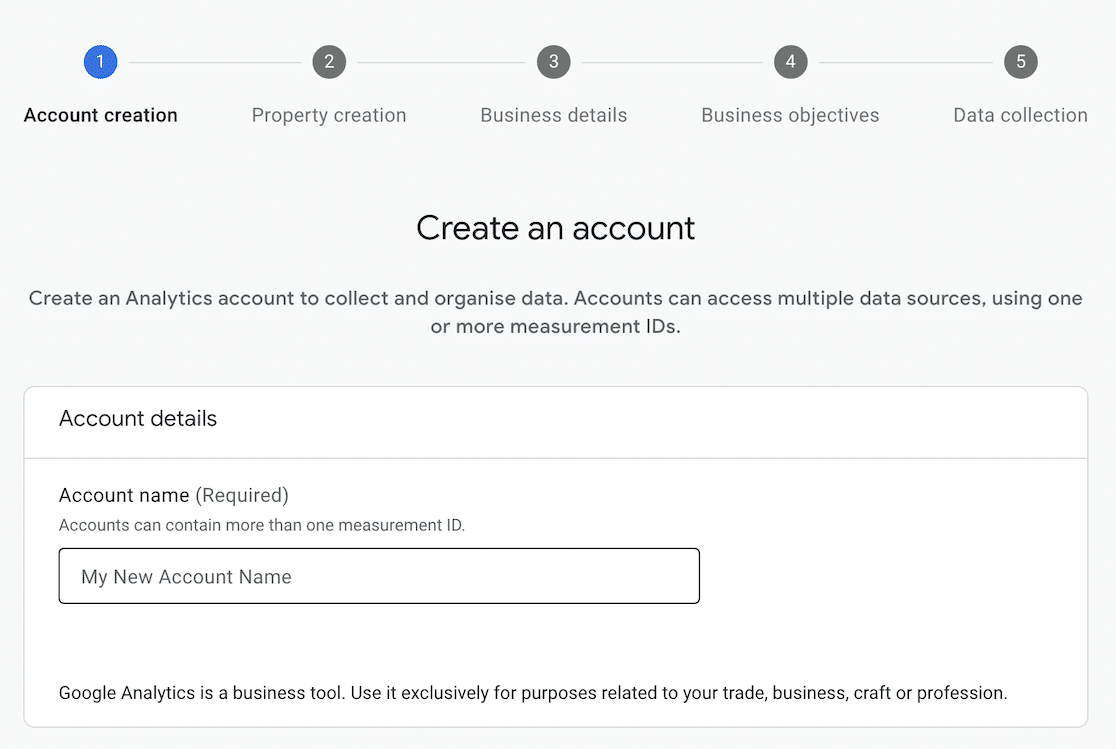 Google Analytics new account wizard