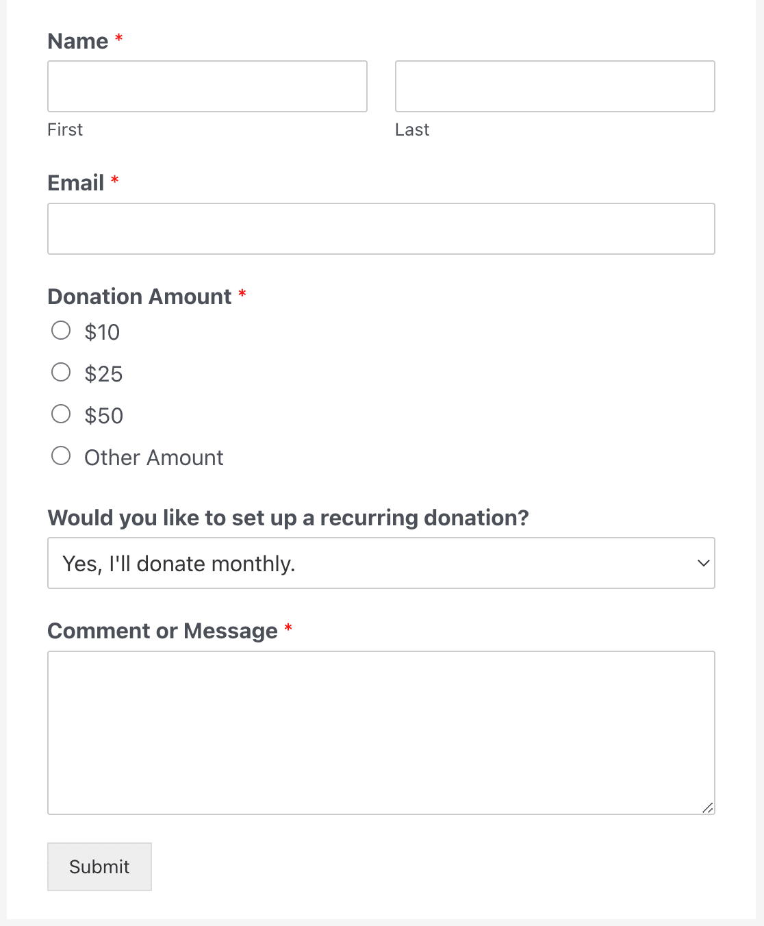 A donation form that lets donors choose whether to make a one-time or recurring donation