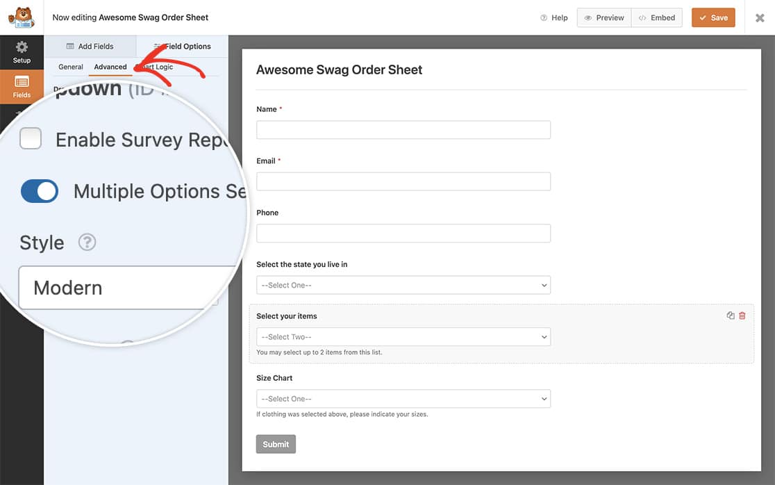 toggle the switch to enable Multiple Options Selection
