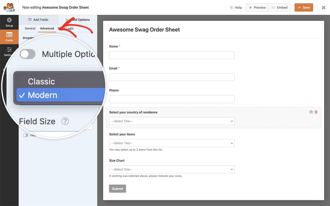 Add a modern dropdown field to your form