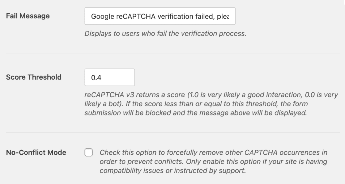 Additional reCAPTCHA settings in WPForms
