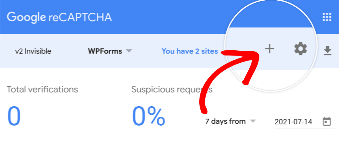 Existing reCAPTCHA users can click plus icon to add new site