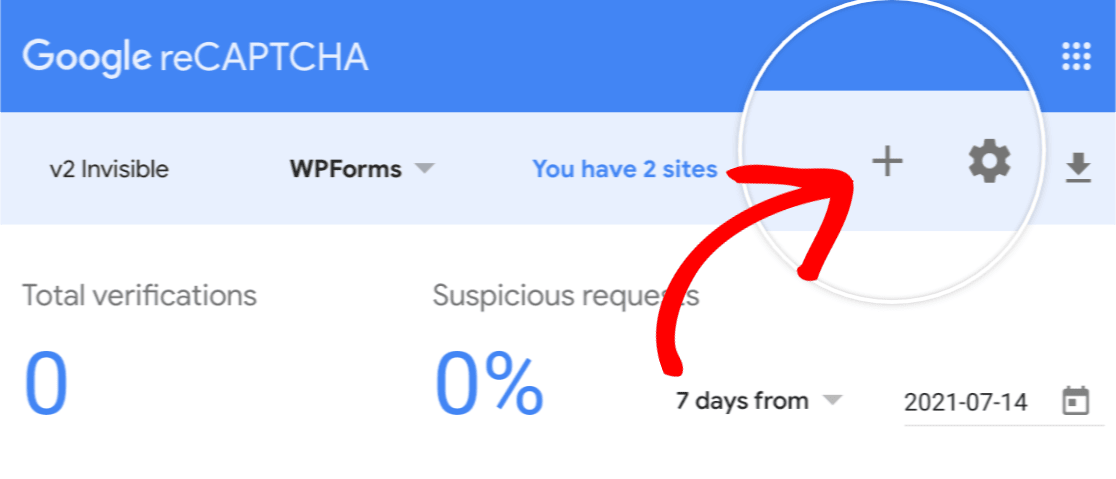 现有的 reCAPTCHA 用户可以单击加号图标添加新站点