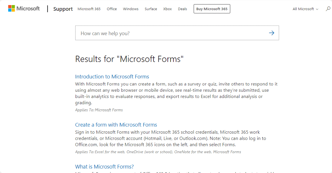 Microsoft Forms Support