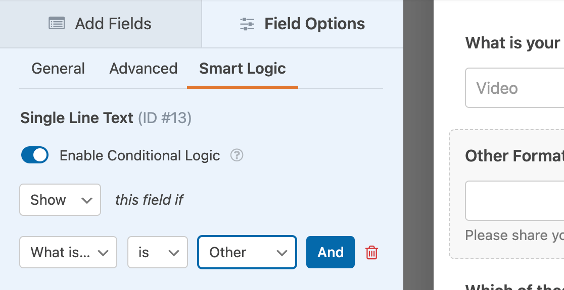 Setting up a conditional logic rule to show the "Other" input field if the "Other" option is chosen from the selection field