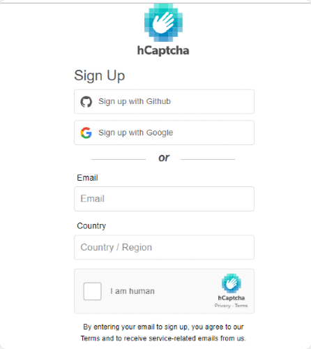 Account sign up options for hCaptcha